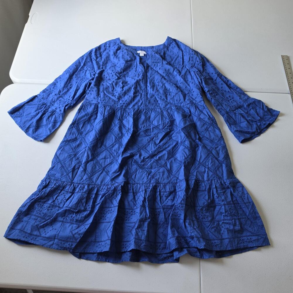 J Jill Dress Womens L Petite Blue Embroidered Eyelet Swing Boho 3/4 Bell Sleeve